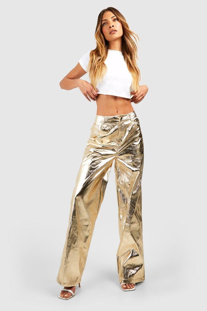 Womens High Waisted Metallic Full Length Trousers - Gold - 6, Gold