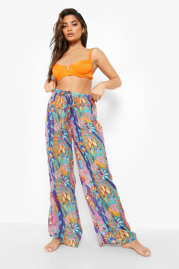 Womens Abstract Floral Chiffon Beach Trousers - Blue - Xs, Blue