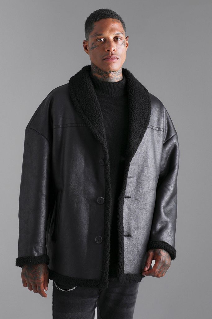 Men's Oversized Leather Look Borg Trim Jacket - Black - S, Black