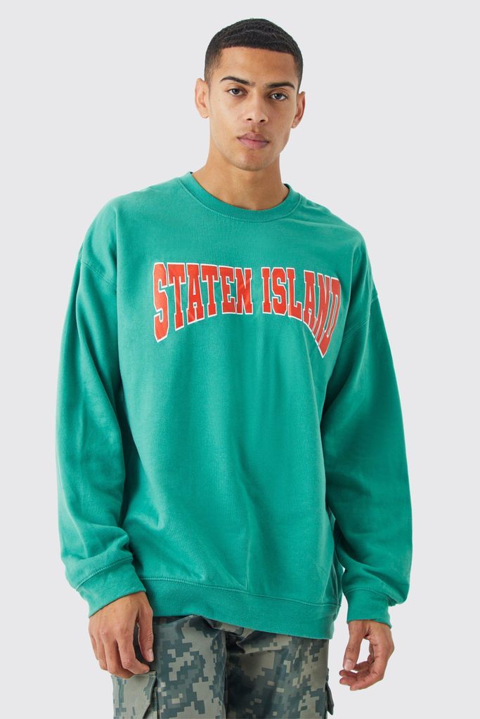 Men's Oversized Varsity Staten Island Sweatshirt - Green - S, Green