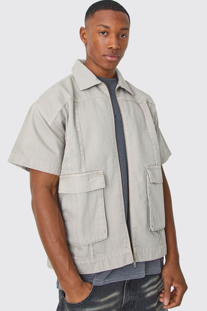 Men's Short Sleeve Twill 3D Pocket Shirt - Beige - S, Beige