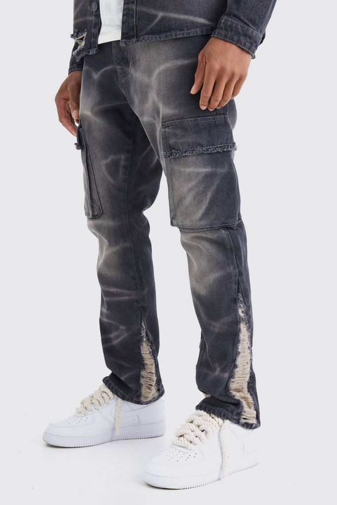 Men's Slim Rigid Flare Overdyed Distressed Cargo Jeans - Black - 28R, Black