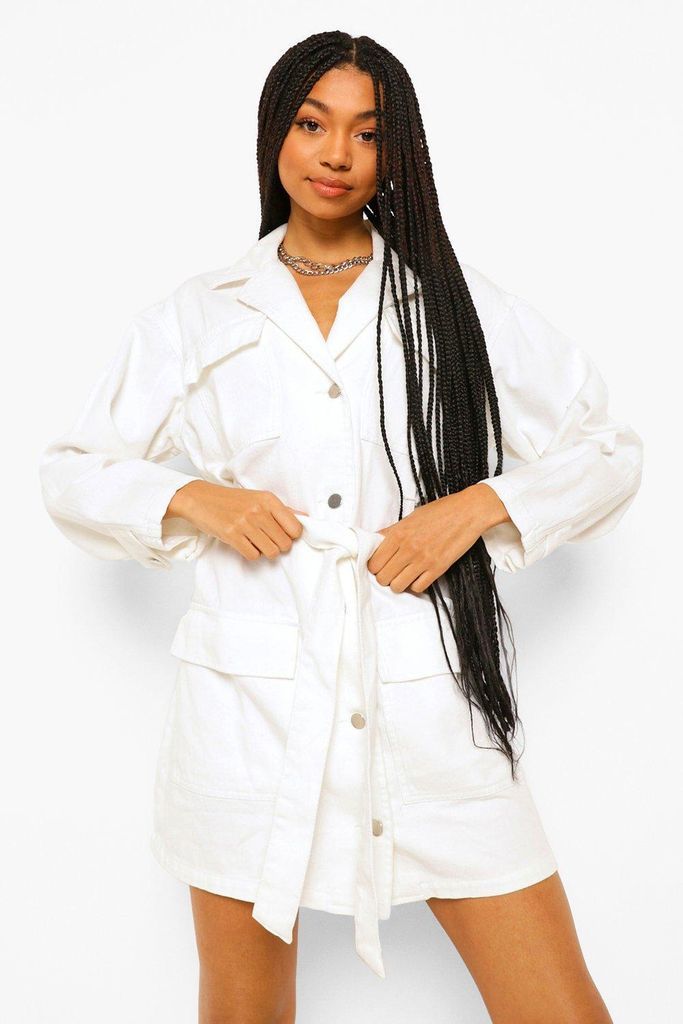 Womens Denim Belted Utility Dress - White - 12, White