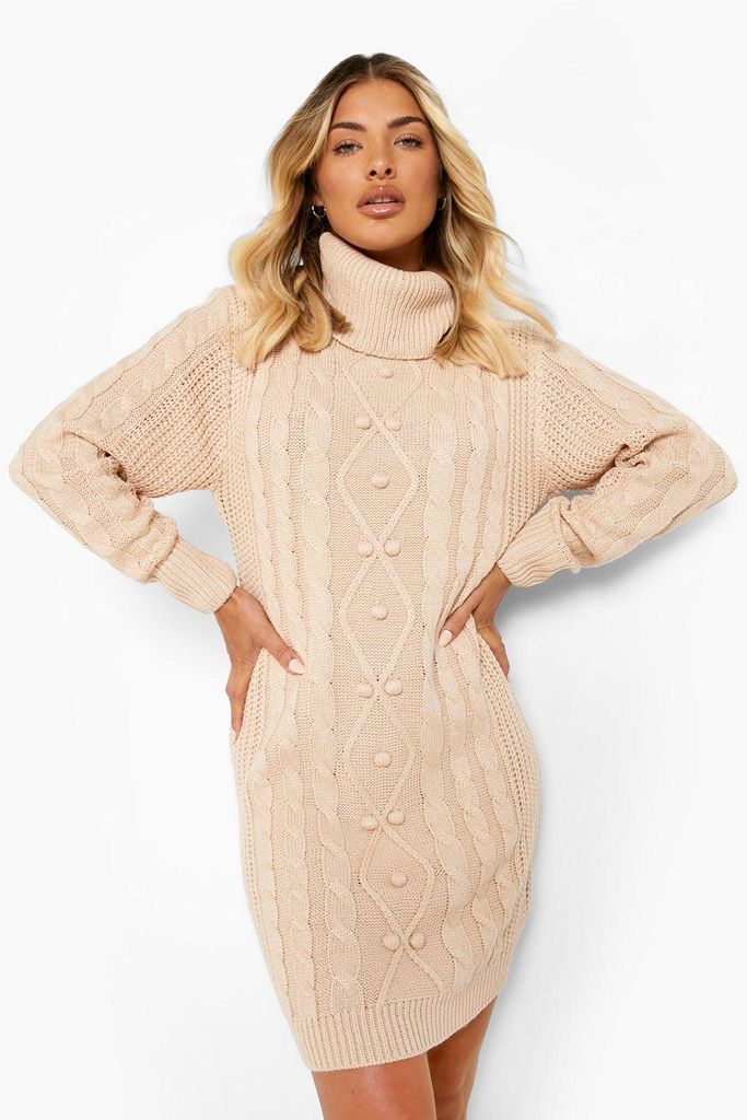 Womens Cable Knit Roll Neck Jumper Dress - Brown - S, Brown