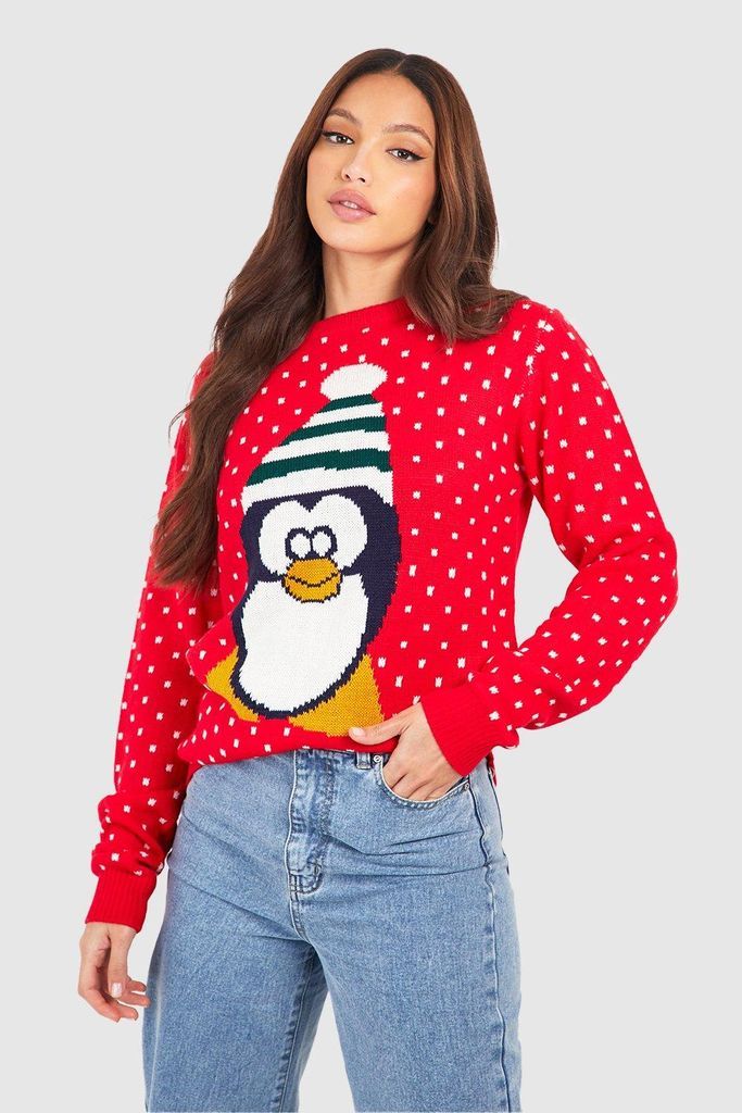Womens Tall Penguin Christmas Jumper - Red - M, Red
