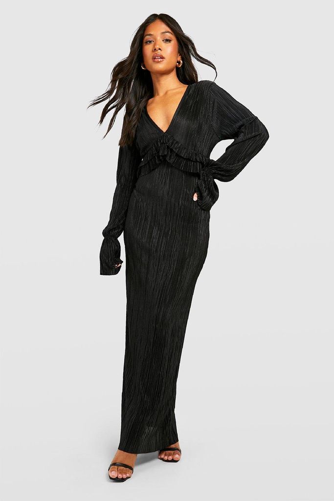 Womens Petite Ruffle Waist Plisse Maxi Dress - Black - 10, Black