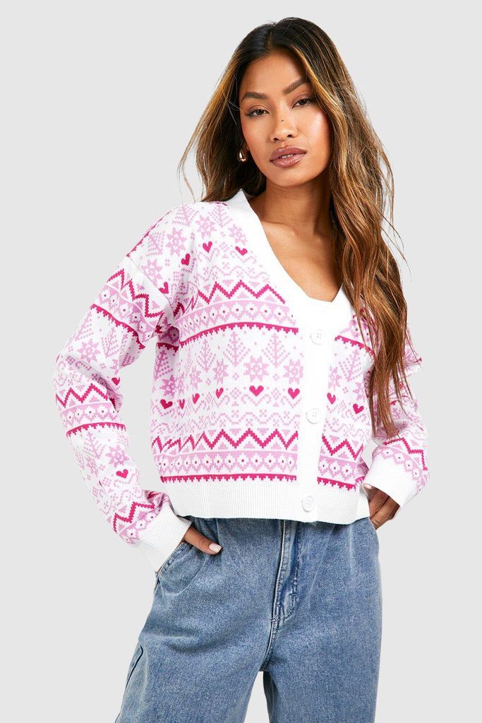 Womens Fairisle Snowflake Christmas Crop Cardigan - Pink - M, Pink