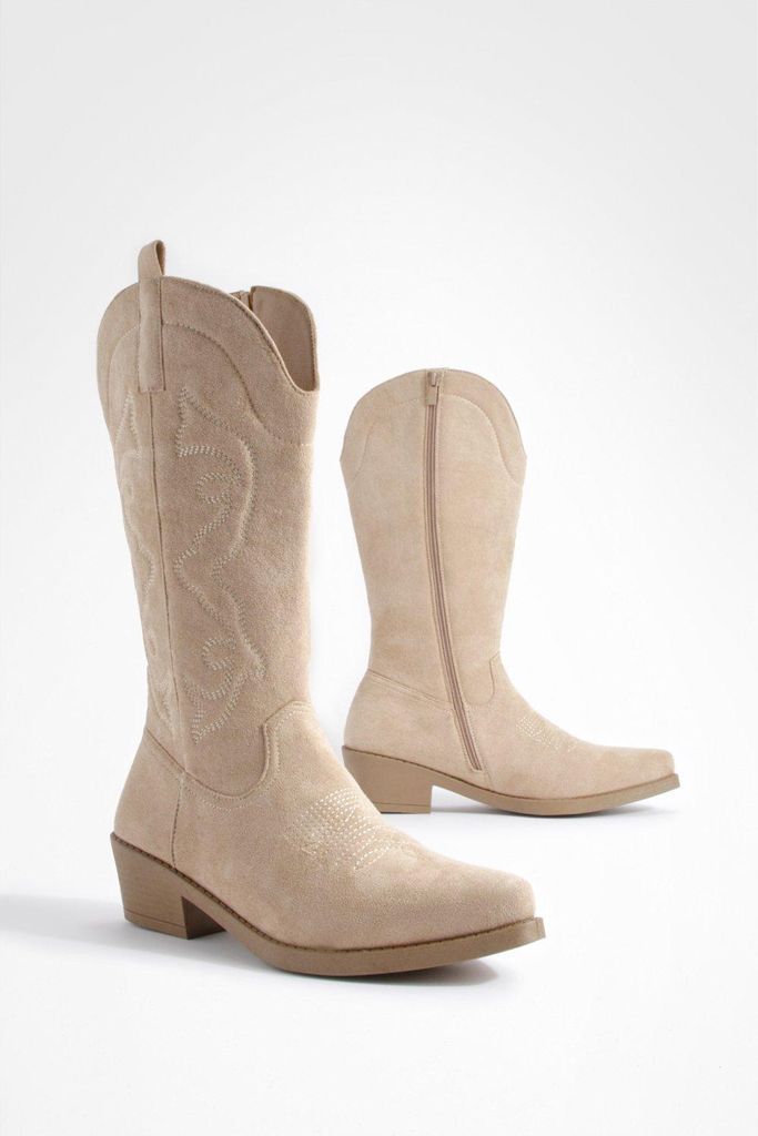 Womens Stitch Detail Low Western Cowboy Boots - Beige - 3, Beige
