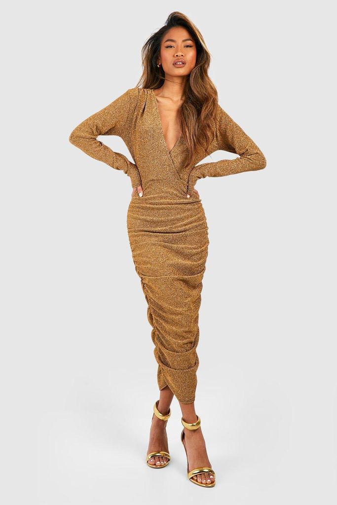 Womens Glitter Rouched Wrap Midaxi Dress - Gold - 8, Gold