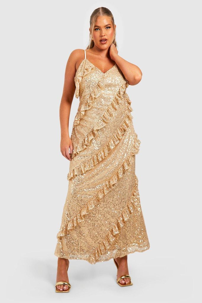Womens Plus Sequin Ruffle Maxi Dress - Gold - 22, Gold