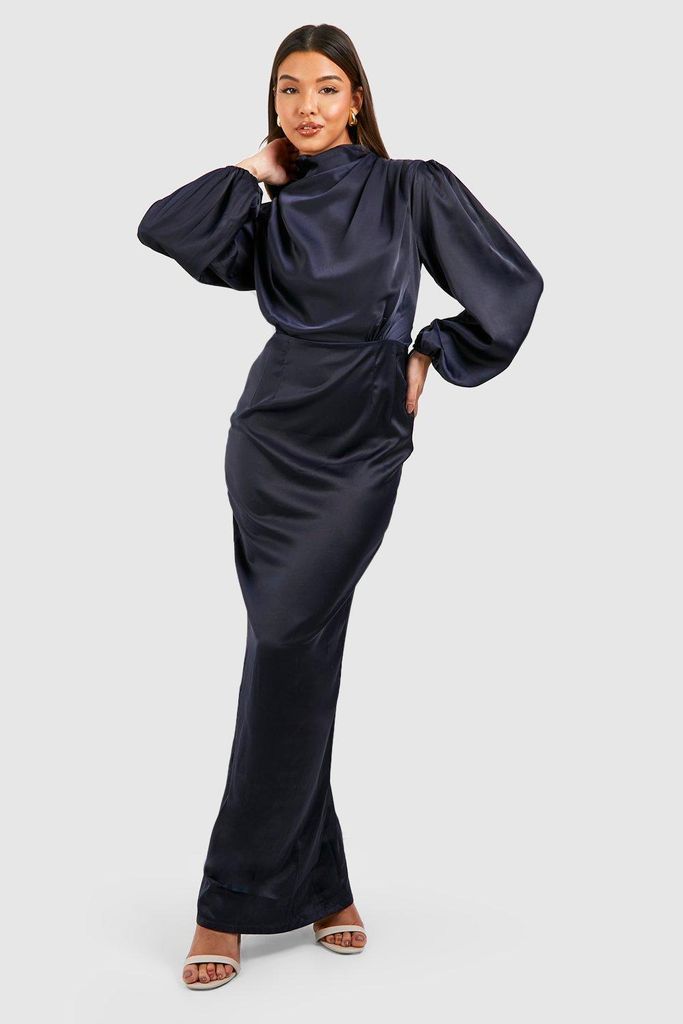 Womens Satin Cowl Neck Split Maxi Dress - Navy - 16, Navy