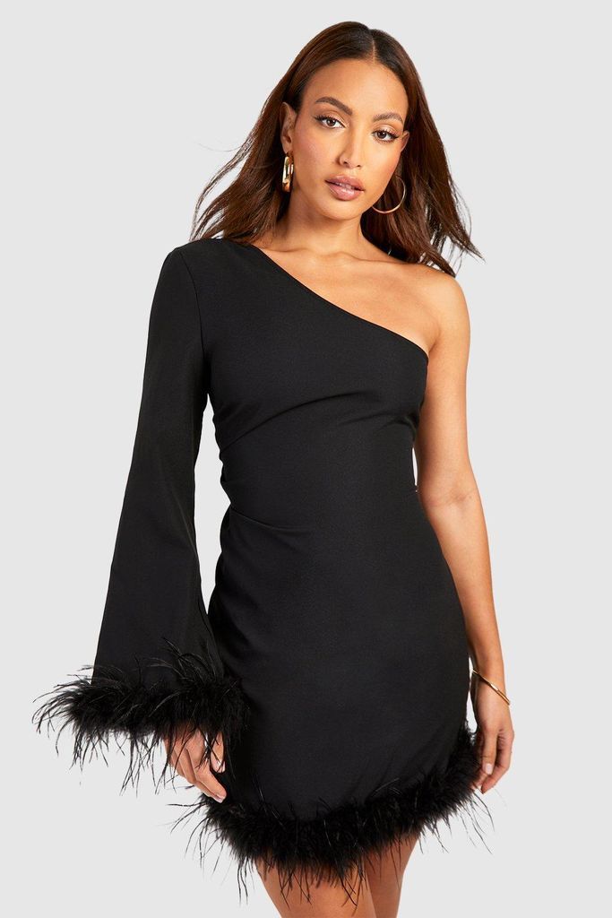 Womens Tall One Shoulder Fluffy Feather Trim Mni Dress - Black - 6, Black