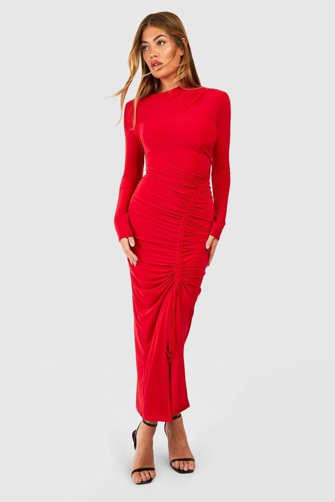Womens Double Slinky Long Sleeve Ruched Midaxi Dress - Red - 18, Red