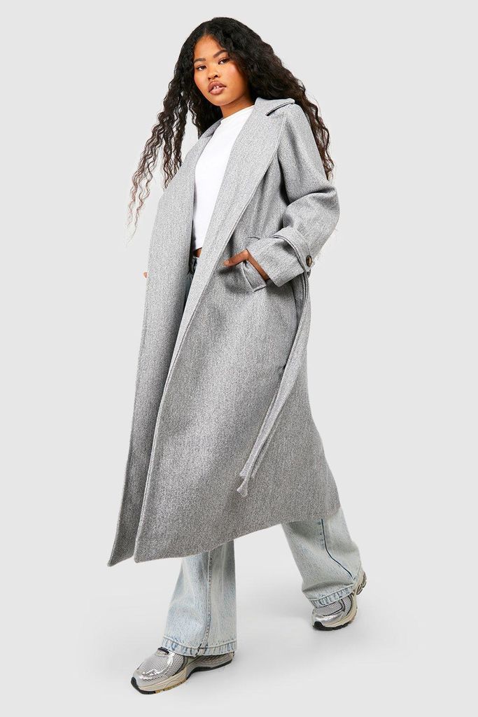 Womens Petite Belted Wool Look Trench - Grey - 14, Grey
