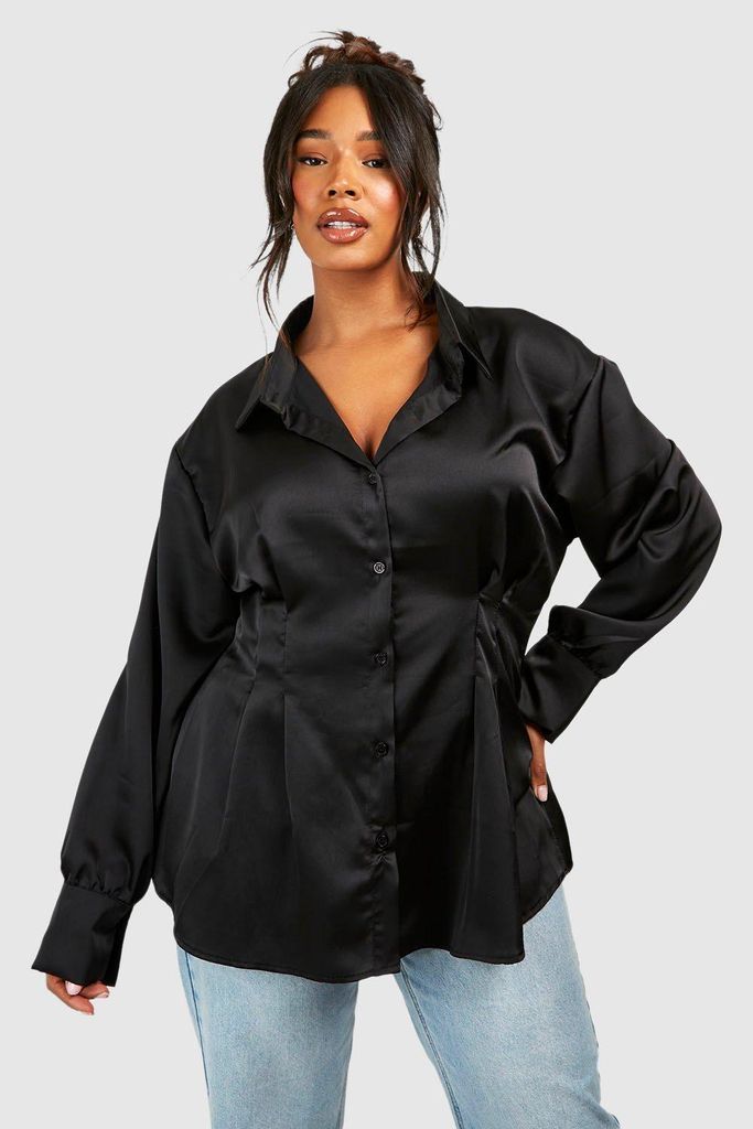 Womens Plus Cinched Waist Loose Satin Shirt - Black - 16, Black