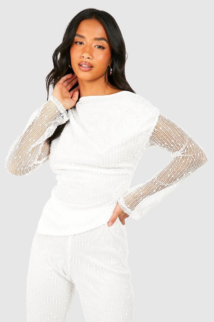 Womens Petite Textured Knit Asymmetric Drape Detail Top - White - 8, White
