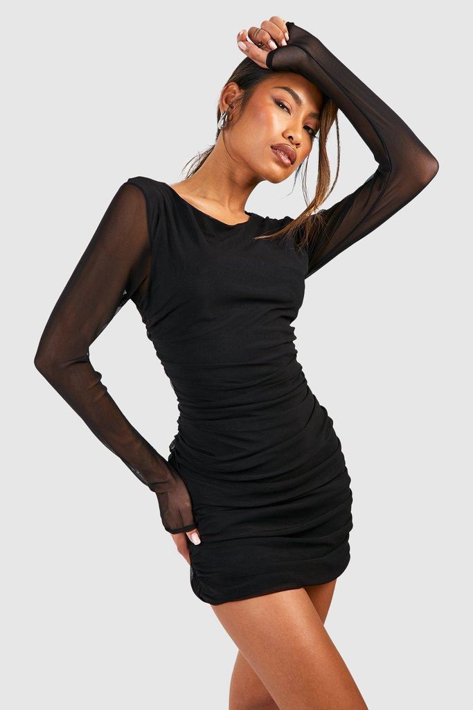 Womens Rouched Long Sleeve Mesh Mini Dress - Black - 18, Black