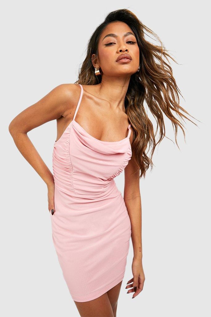Womens Mesh Rouched Panelled Mini Dress - Pink - 8, Pink