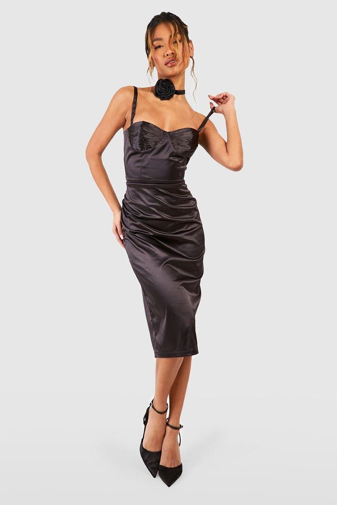 Womens Satin Corset Pleat Detail Midi Dress - Black - 8, Black
