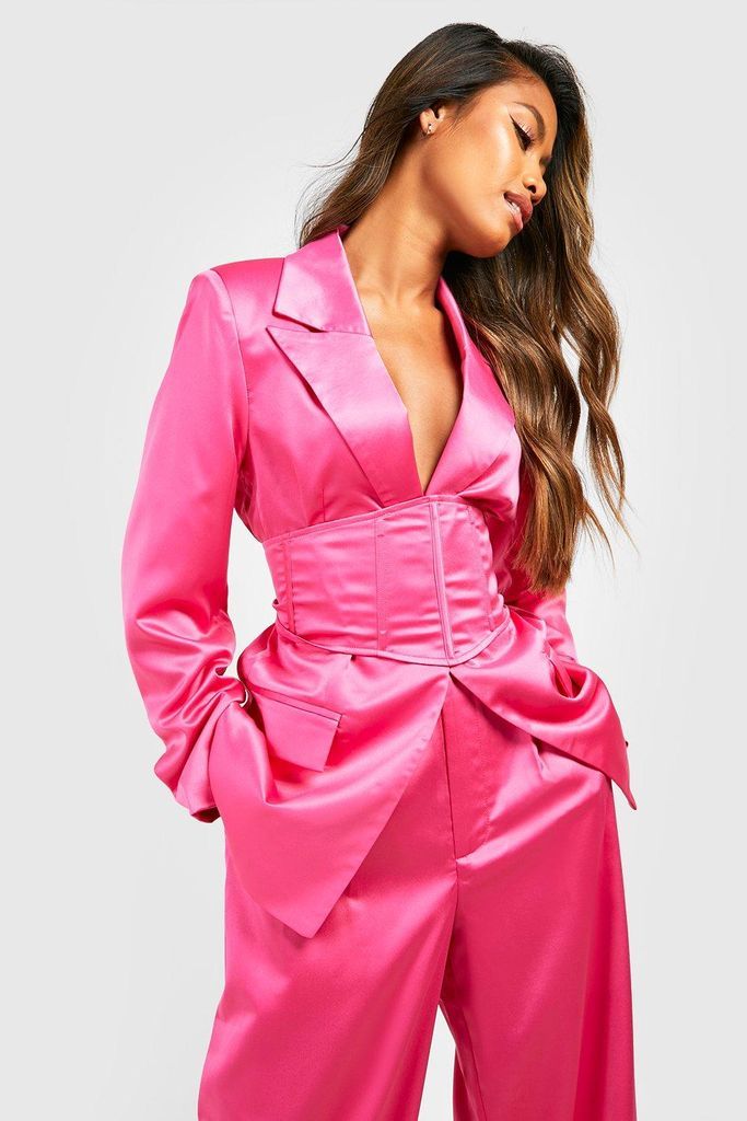 Womens Premium Satin Corset Belt Tailored Blazer - Pink - 10, Pink