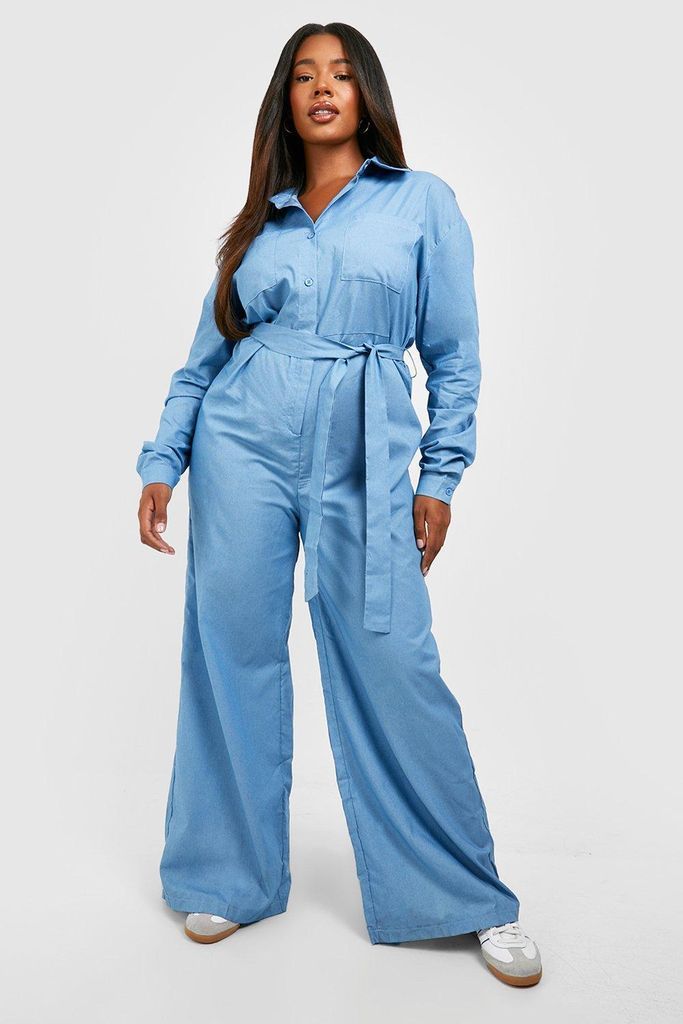 Womens Plus Chambray Denim Boilersuit - Blue - 16, Blue