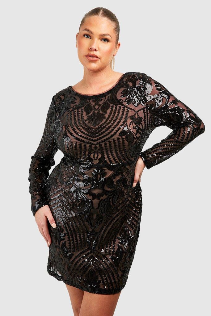 Womens Plus Damask Sequin Cowl Back Mini Dress - Black - 28, Black