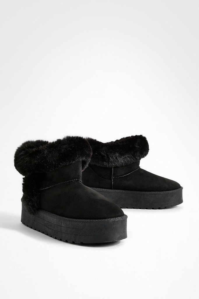 Womens Fur Lined Cosy Platform Boots - Black - 4, Black