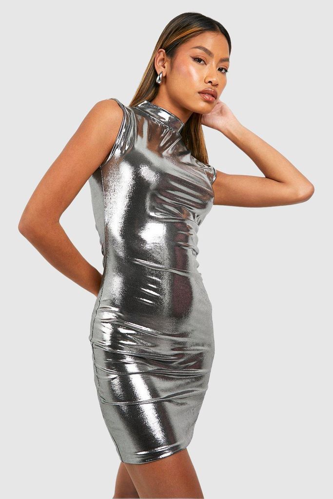 Womens Metallic High Neck Mini Dress - Grey - 12, Grey