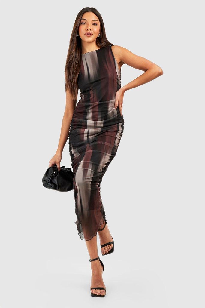 Womens Abstract Mesh Rouched Midaxi Dress - Brown - 14, Brown