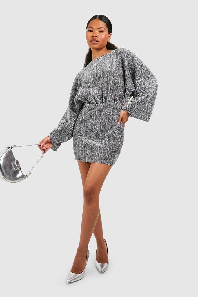 Womens Petite Glitter Plisse Batwing Mini Dress - Grey - 8, Grey