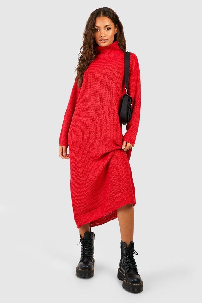 Womens Roll Neck Knitted Midi Dress - Red - S, Red
