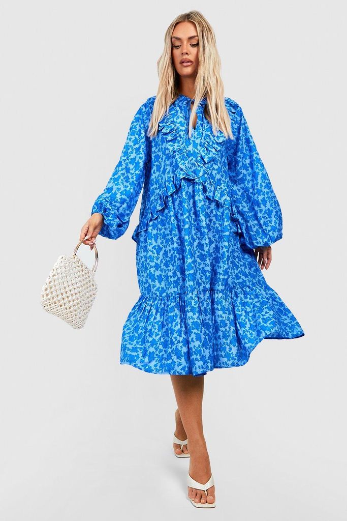 Womens Plus Floral Ruffle Midi Dress - Blue - 16, Blue