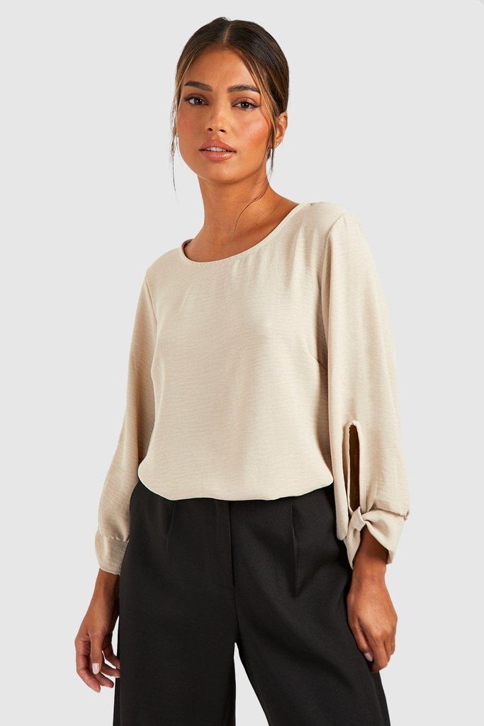 Womens Hammered Bow Sleeve Woven Blouse - Beige - 12, Beige