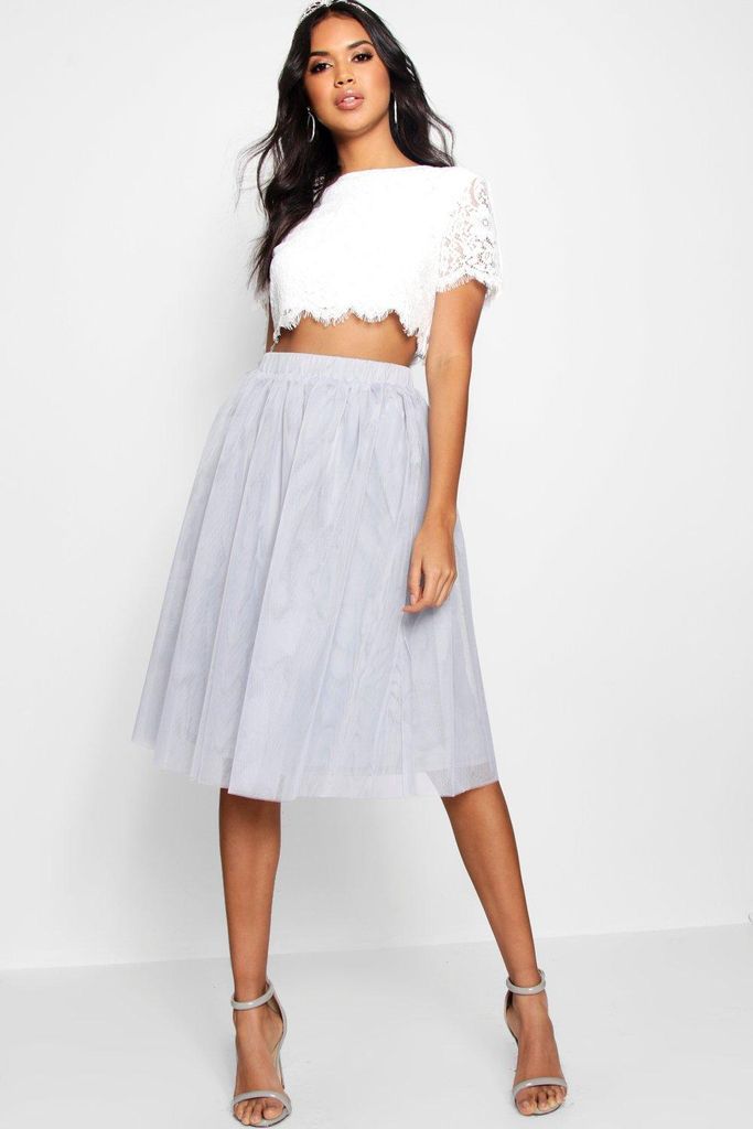 Womens Woven Lace Top & Tulle Midi Skirt - Grey - 10, Grey