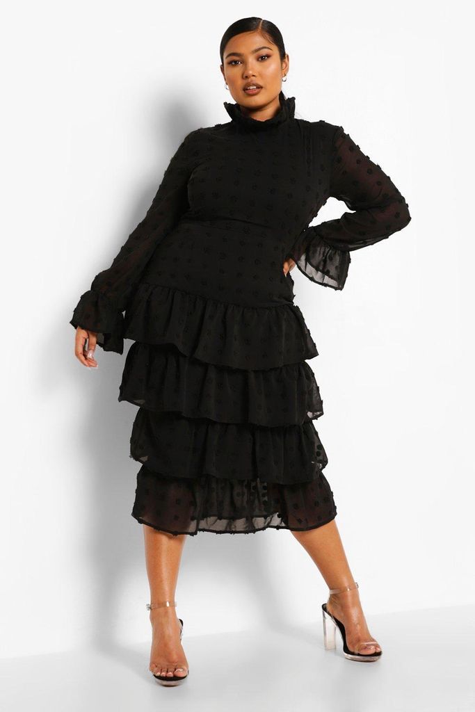 Womens Plus Polka Dot Ruffle Tiered Midi Dress - Black - 22, Black