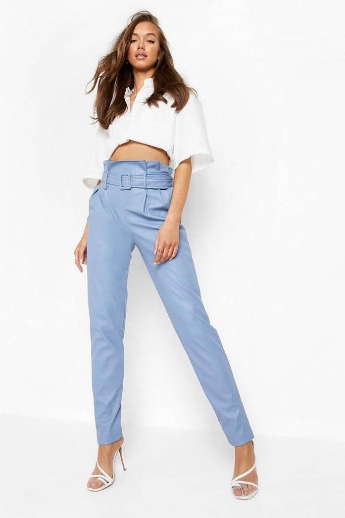 Womens Belted Paperbag Waist Faux Leather Tapered Trouser - Blue - 10, Blue