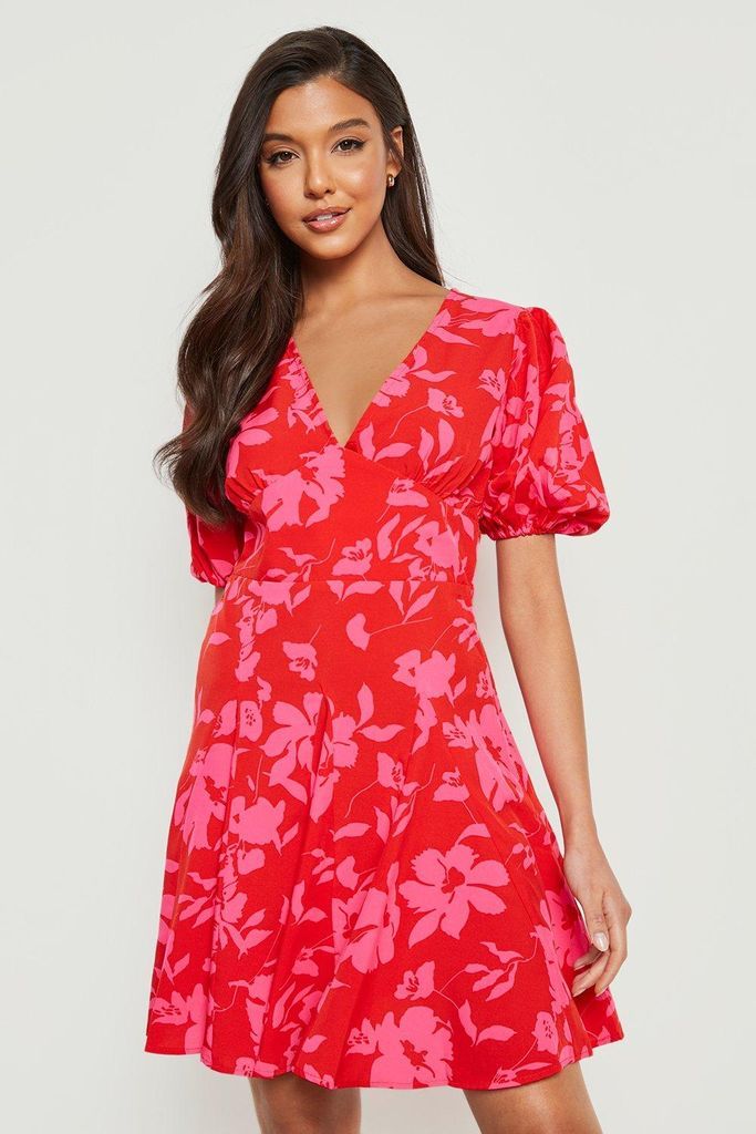 Womens Floral Chiffon Puff Sleeve Skater Dress - Red - 8, Red