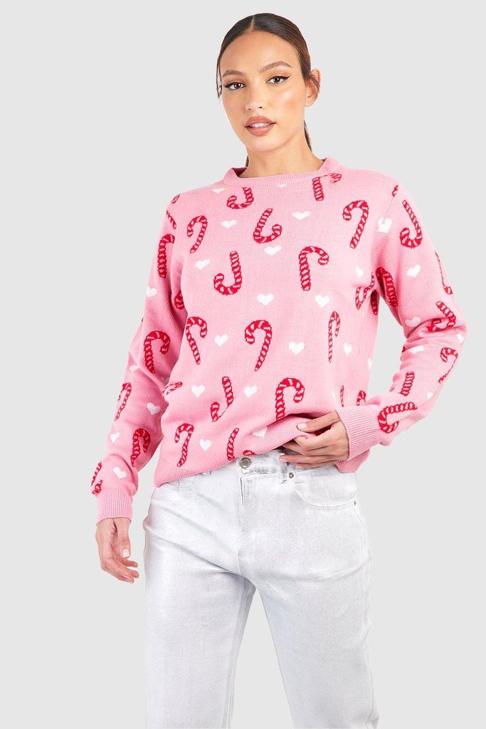 Womens Tall Candy Cane Christmas Jumper - Pink - M, Pink