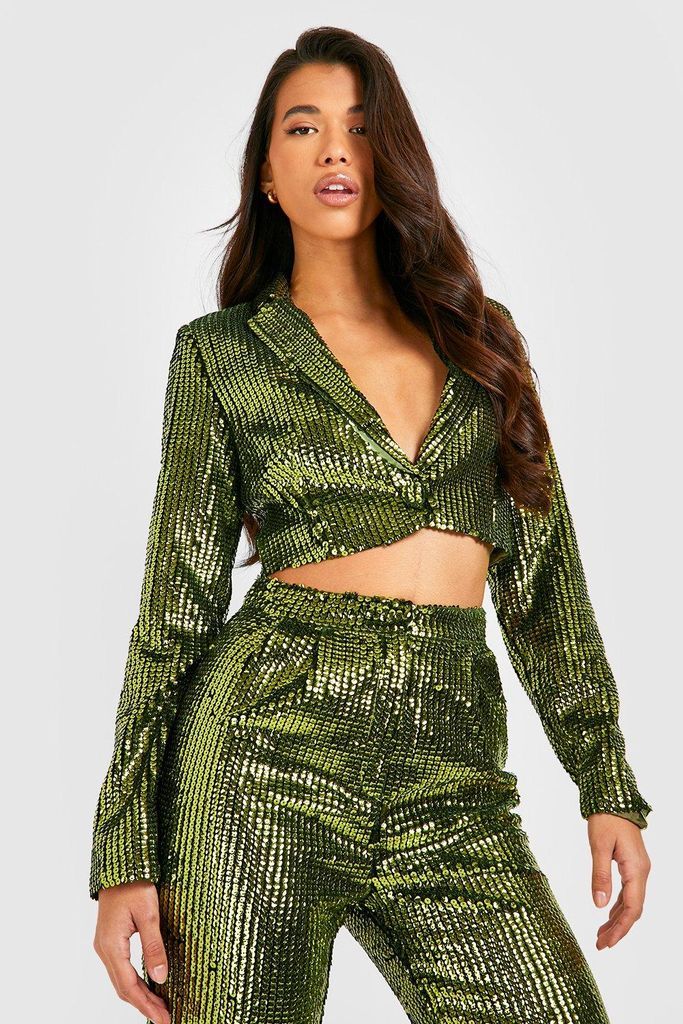 Womens Tall Sequin Cropped Blazer - Green - 10, Green