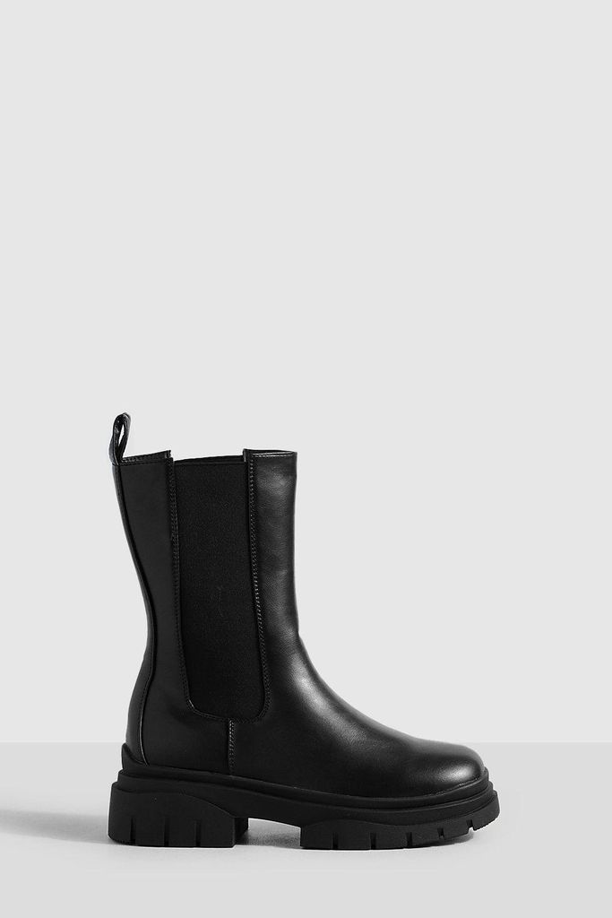 Womens Wide Fit Wave Sole Calf Detail Chelsea Boots - Black - 4, Black