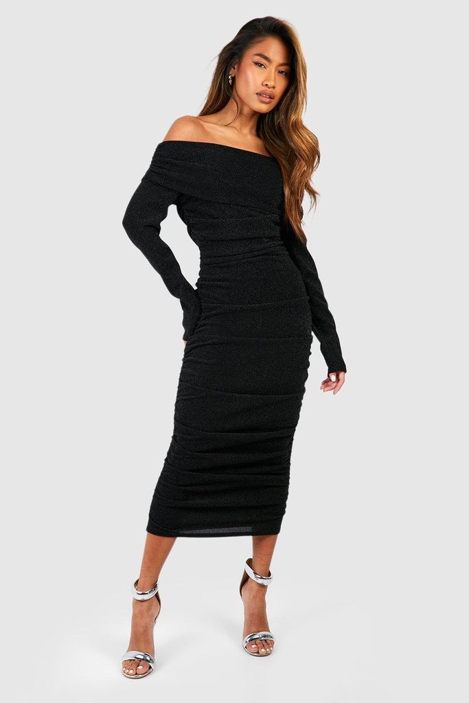 Womens Glitter Rouched Bardot Midaxi Dress - Black - 10, Black