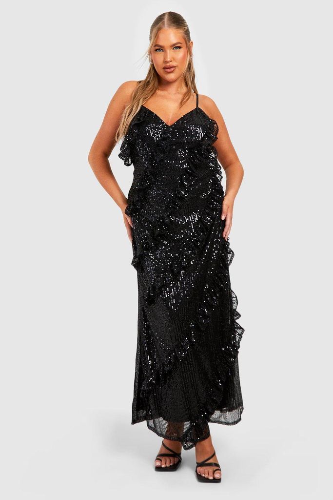 Womens Plus Sequin Ruffle Maxi Dress - Black - 26, Black