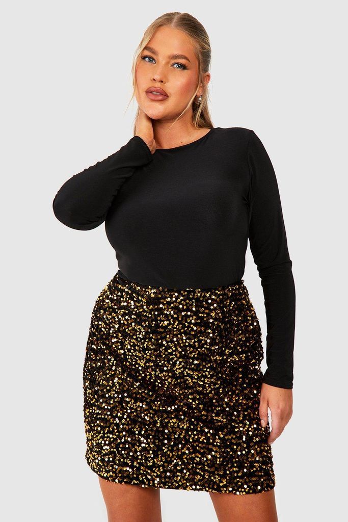Womens Plus Velvet Sequin Mini Skirt - Gold - 28, Gold