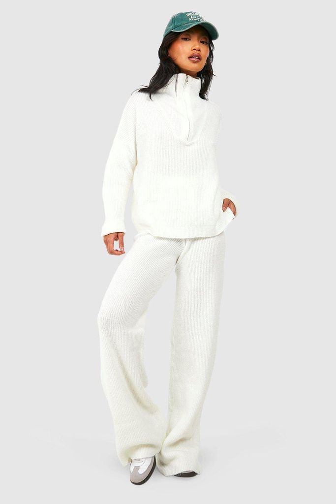 Womens Half Zip Funnel Neck And Wide Leg Trouser Knitted Set - White - 16, White