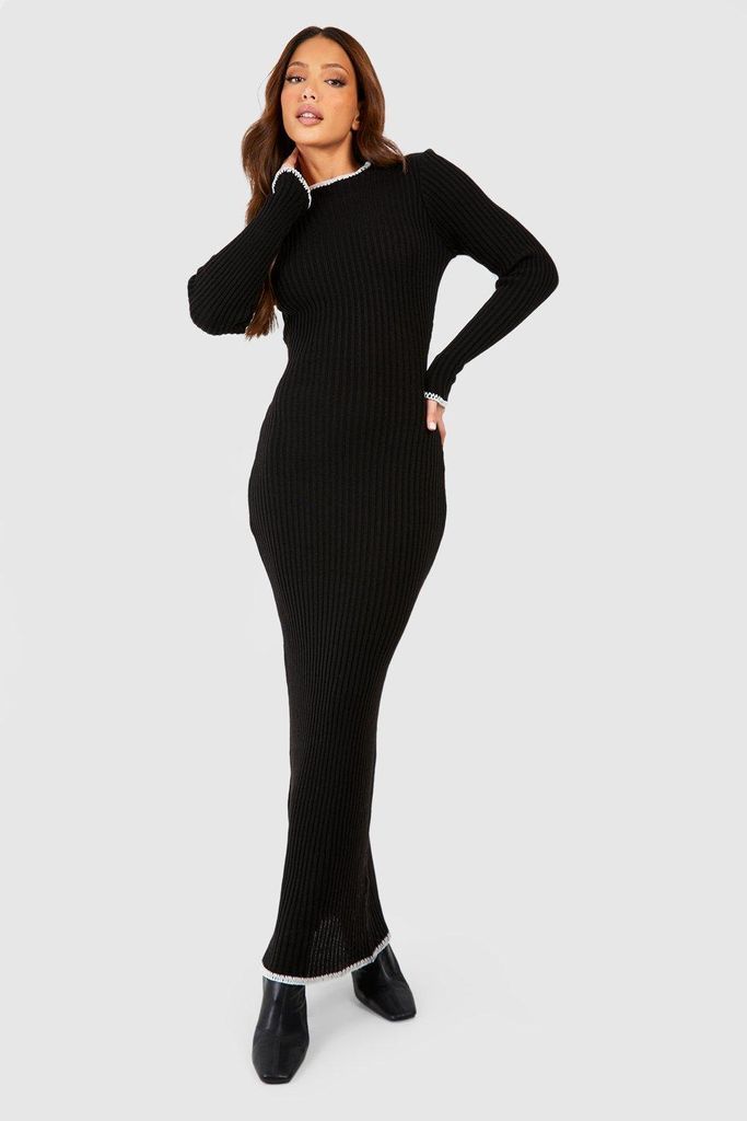 Womens Tall Contrast Whipstich Rib Knit Maxi Dress - Black - Xl, Black