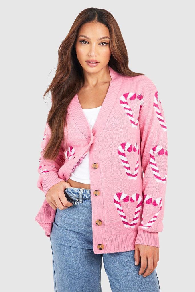 Womens Tall Candy Cane Christmas Cardigan - Pink - 12, Pink