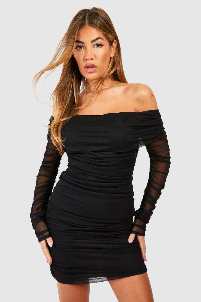 Womens Rouched Mesh Bardot Mini Dress - Black - 10, Black