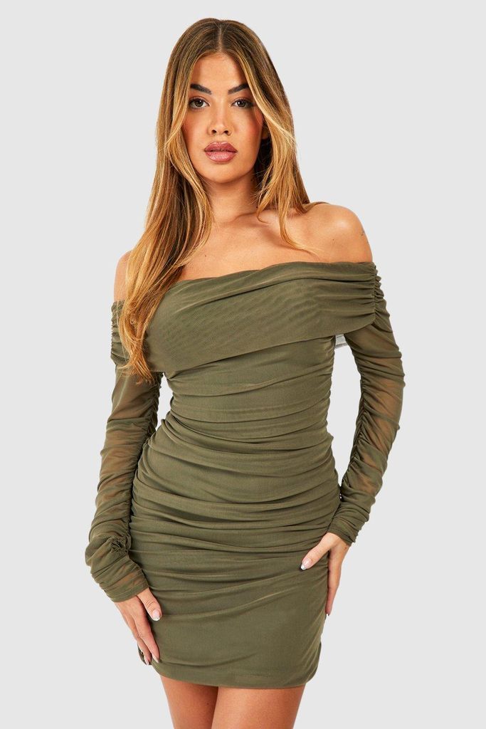 Womens Rouched Mesh Bardot Mini Dress - Green - 16, Green
