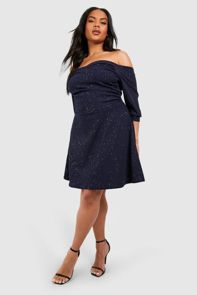 Womens Plus Glitter Scuba Bardot Skater Dress - Navy - 18, Navy