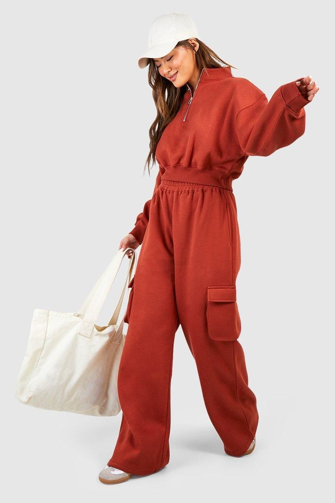 Womens Half Zip Sweat Straight Leg Cargo Pocket Tracksuit - Orange - S, Orange